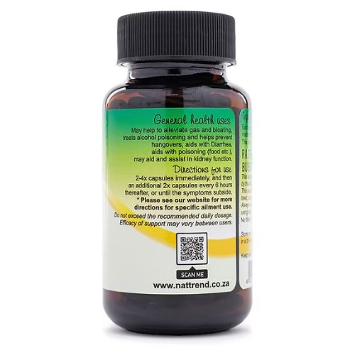 2 Activated Charcoal Capsules (90 x 500mg) Activated charcoal is a fine, odorless black powder made by superheating natural carbon sources like macadamia nutshells. Known for its toxin-binding properties, it helps alleviate gas, bloating, indigestion, diarrhea, and may support kidney function. While widely used in emergencies for poisoning, its other health benefits are not scientifically proven. Usage: Take 2-8 capsules depending on symptoms; see label for details. Not a cure but can help reduce hangover effects. Note: This is an unregistered supplement not evaluated by SAHPRA. Consult your healthcare professional before use, especially if pregnant, nursing, or on medication. Keep out of reach of children.