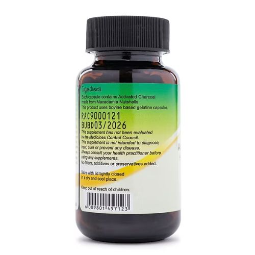 3 Activated Charcoal Capsules (90 x 500mg) Activated charcoal is a fine, odorless black powder made by superheating natural carbon sources like macadamia nutshells. Known for its toxin-binding properties, it helps alleviate gas, bloating, indigestion, diarrhea, and may support kidney function. While widely used in emergencies for poisoning, its other health benefits are not scientifically proven. Usage: Take 2-8 capsules depending on symptoms; see label for details. Not a cure but can help reduce hangover effects. Note: This is an unregistered supplement not evaluated by SAHPRA. Consult your healthcare professional before use, especially if pregnant, nursing, or on medication. Keep out of reach of children.