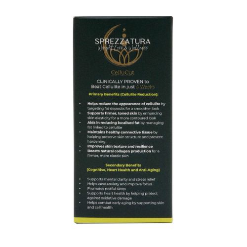 MyWellnessInitiative -Sprezzatura – Cellucut – 1m pack img 2 CelluCut – Clinically Proven Cellulite Support CelluCut is a 100% natural oral supplement backed by two international clinical trials. Its unique antioxidant blend helps reduce visible cellulite, decrease waist and hip measurements, and improve skin health — with noticeable results in as little as one month.