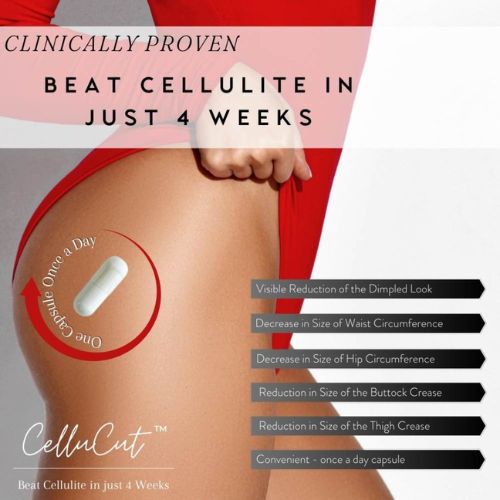 MyWellnessInitiative -Sprezzatura – Cellucut – 1m pack img 3 CelluCut – Clinically Proven Cellulite Support CelluCut is a 100% natural oral supplement backed by two international clinical trials. Its unique antioxidant blend helps reduce visible cellulite, decrease waist and hip measurements, and improve skin health — with noticeable results in as little as one month.