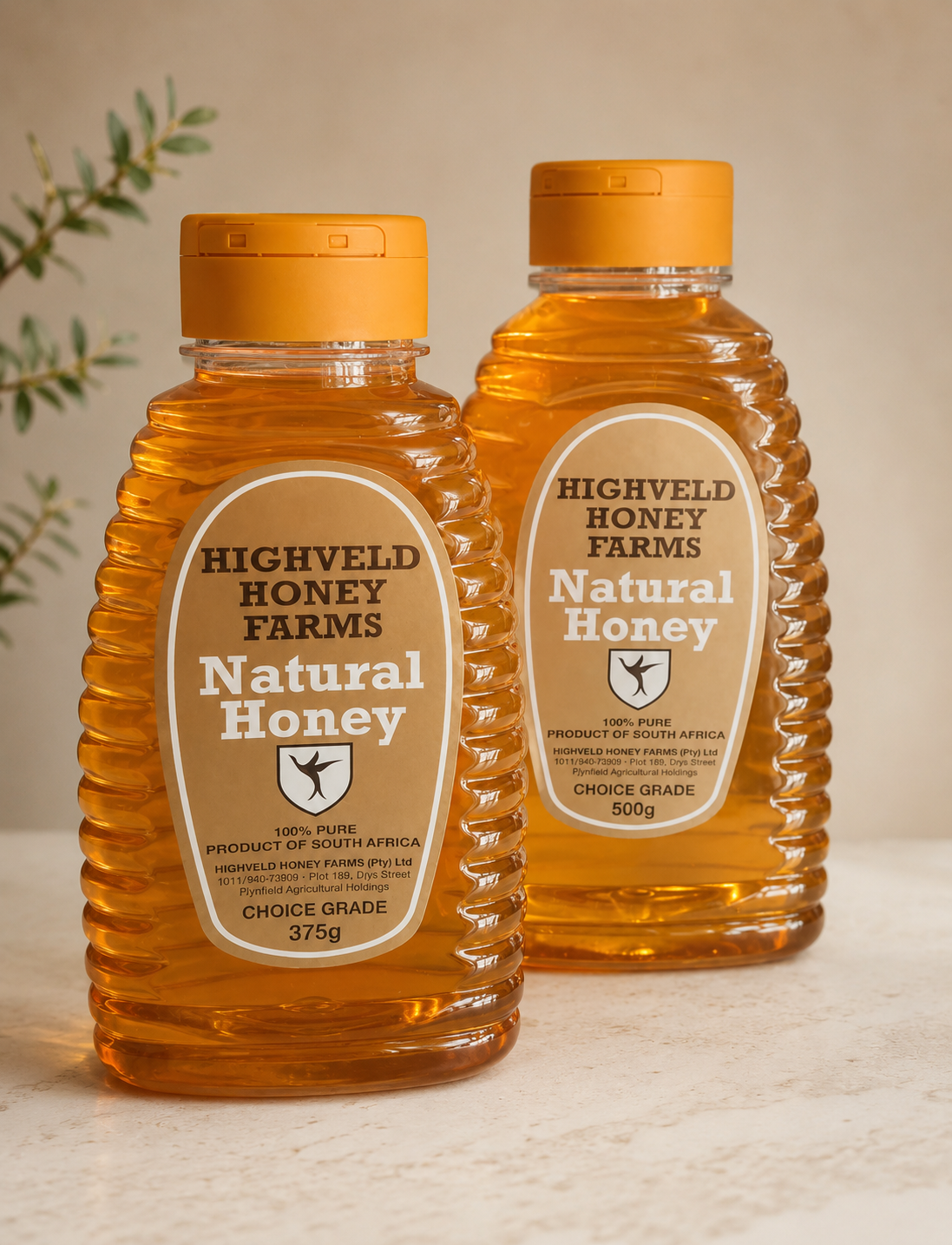 Highveld Honey Farms Natural Honey Highveld Honey Farms' 100% pure South African honey in Blue Gum, Macadamia, and Orange Blossom varieties. Rich, natural flavour perfect for tea, baking, cooking, and everyday enjoyment. Available in 375g and 500g bottles.