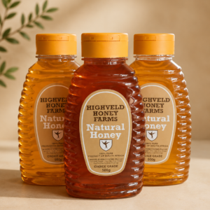 Highveld Honey Farms' 100% pure South African honey in Blue Gum, Macadamia, and Orange Blossom varieties. Rich, natural flavour perfect for tea, baking, cooking, and everyday enjoyment. Available in 375g and 500g bottles.