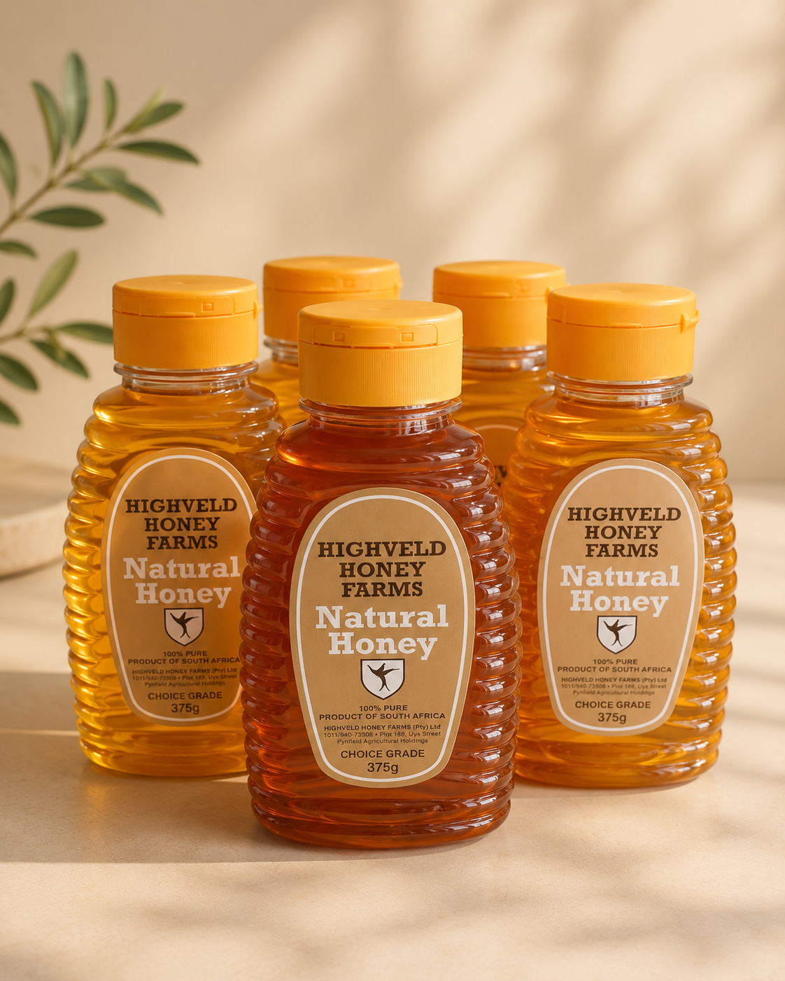 Highveld Honey Farms Natural Honey Highveld Honey Farms' 100% pure South African honey in Blue Gum, Macadamia, and Orange Blossom varieties. Rich, natural flavour perfect for tea, baking, cooking, and everyday enjoyment. Available in 375g and 500g bottles.
