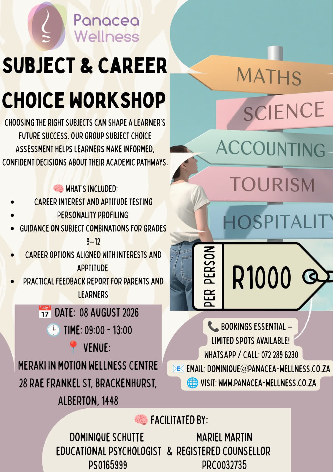 Subject and career choice workshop hosted by Panacea Wellness with Dominique Schutte at Meraki in Motion Wellness Center on 8 August