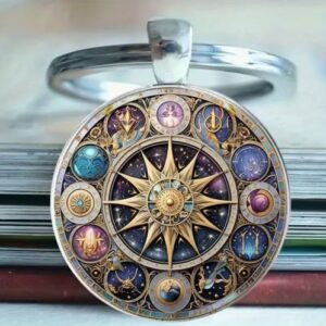 Sun, Moon and Stars zodiac keychain with vintage enamel design in colourful celestial astrology style made from durable zinc alloy lucky charm accessory for keys or bags