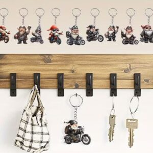 acrylic biking gnome keychain set featuring colourful cycling gnome charms used as backpack pendants and gift keyrings for men and women.
