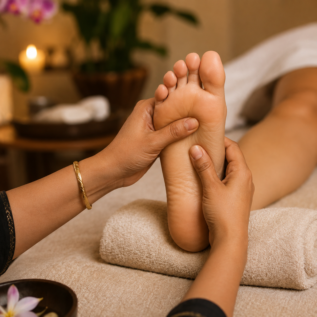 Reflexology treatment with a therapist applying gentle pressure to a client’s foot