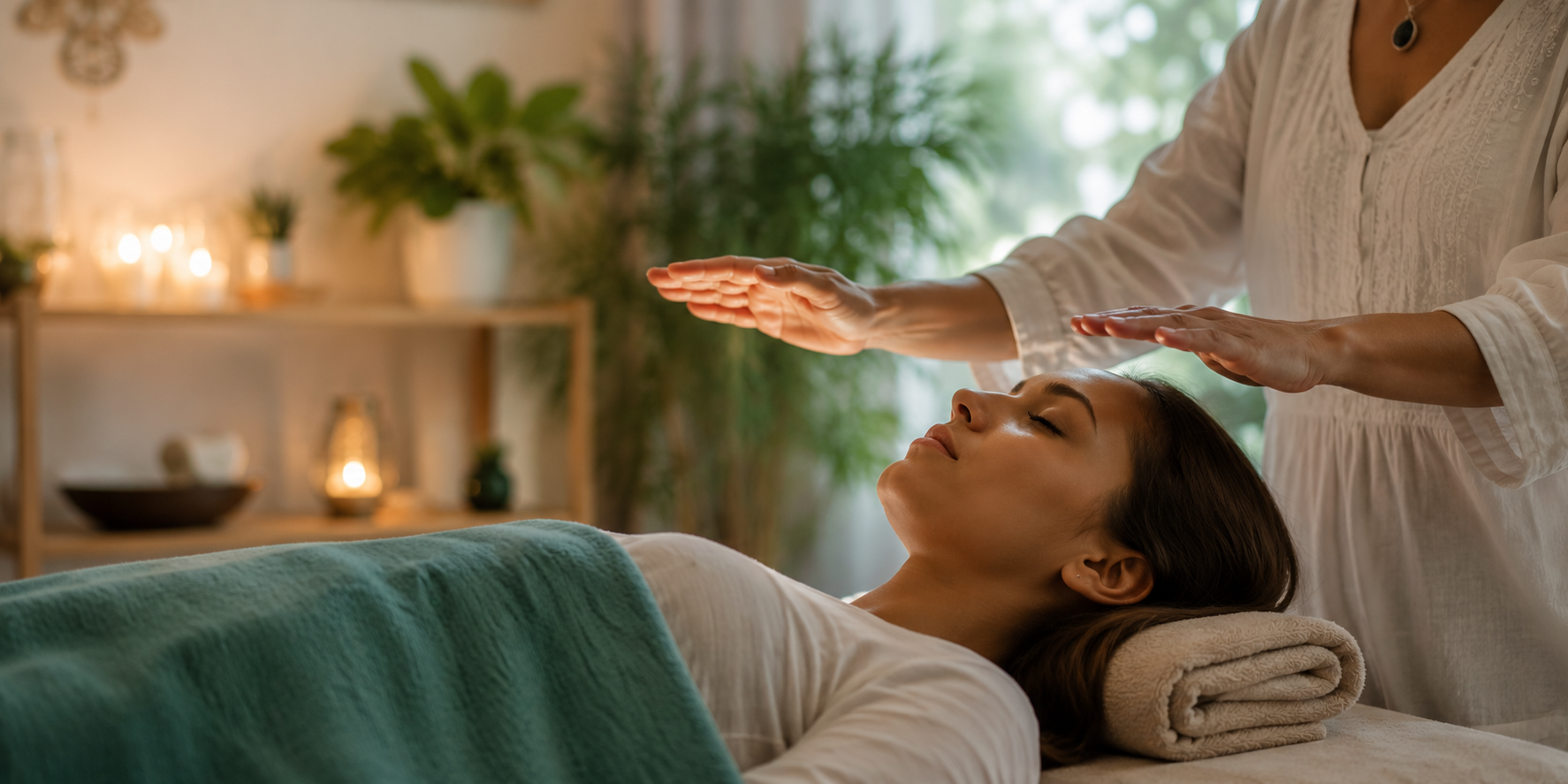 Client receiving an Antaneea Technique treatment from Nerisha Reddy at Body in Balance, using gentle therapeutic touch to restore balance, release tension and support holistic wellbeing.
