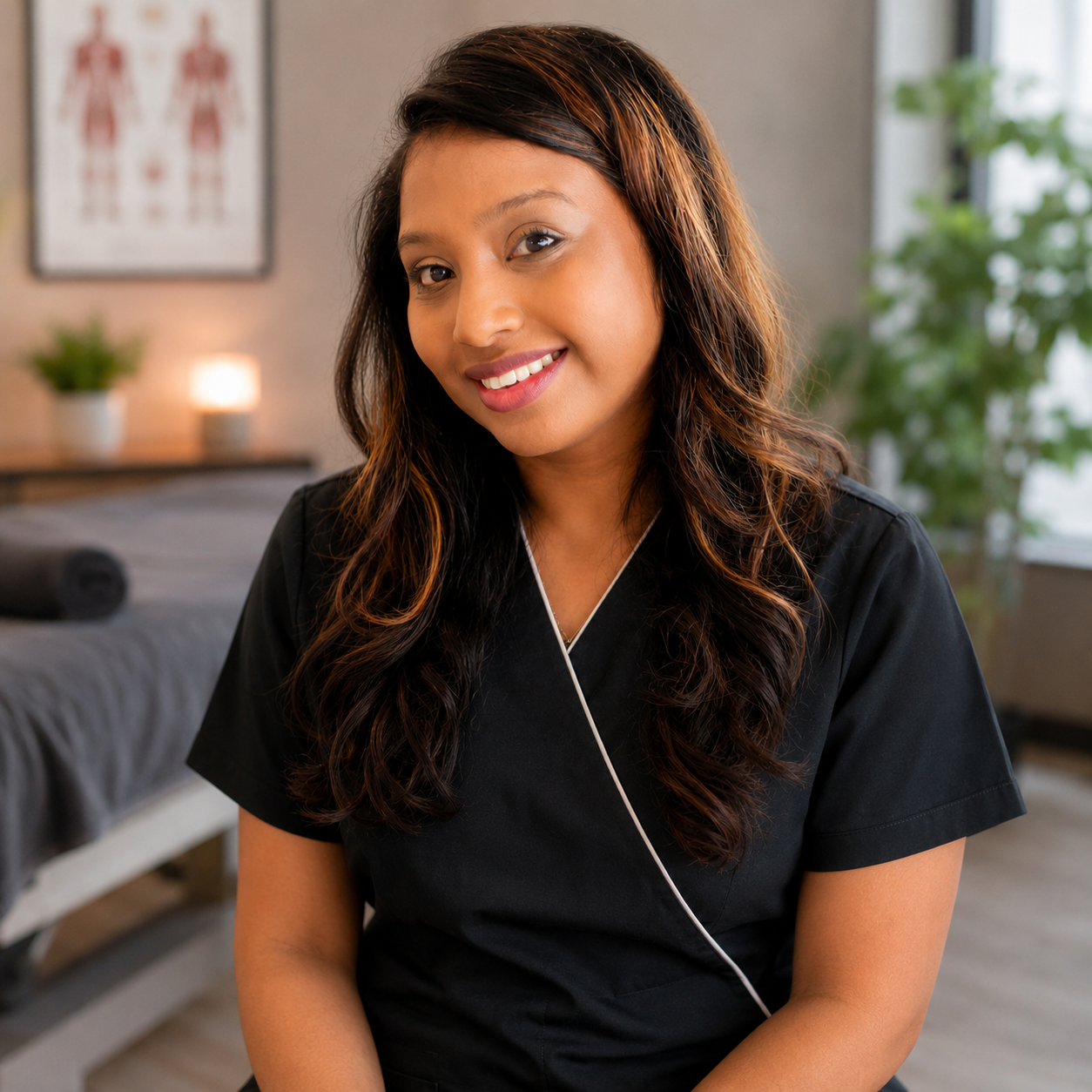Professional portrait of Natrishka Govender, Sports Massage Therapist at Meraki in Motion Wellness Centre, helping clients improve recovery, relieve muscle tension and enhance physical performance.